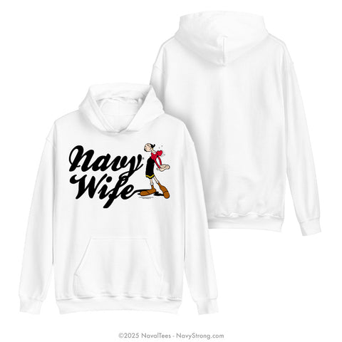 "Olive Oyl - Navy Wife" Hooded Sweatshirt | White
