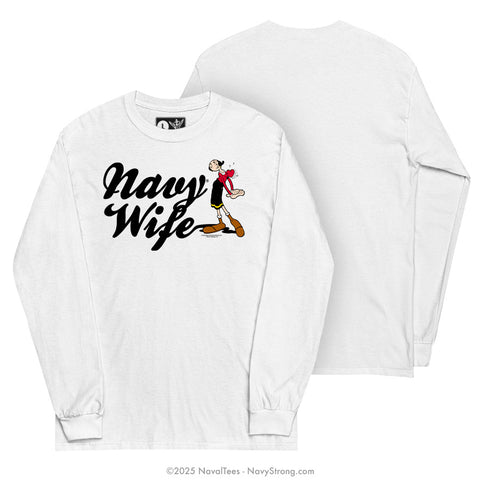 "Olive Oyl - Navy Wife" Long Sleeve Tee | White