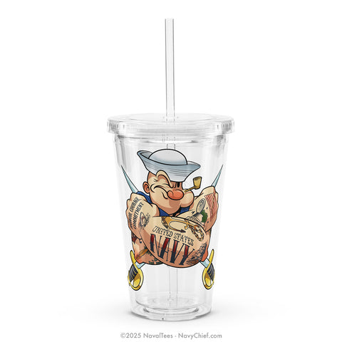 "Navy Tattooed Popeye" - 16oz Clear Plastic Tumbler