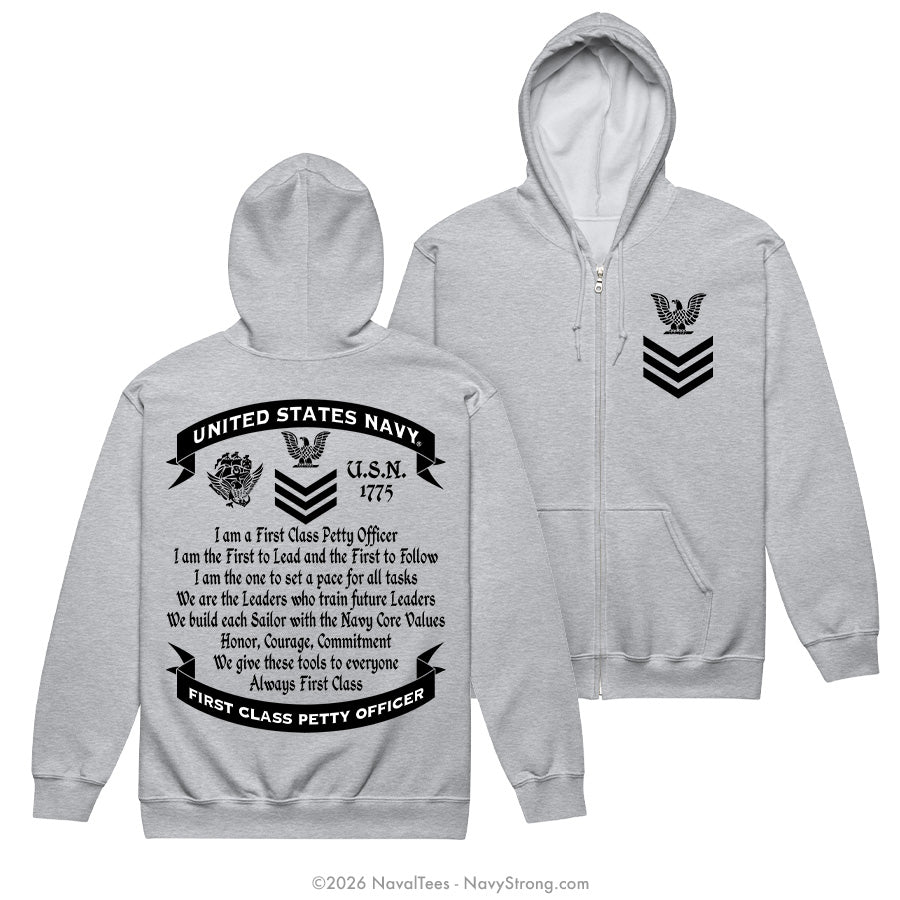 "Always First Class" Zippered Hoodie | Grey