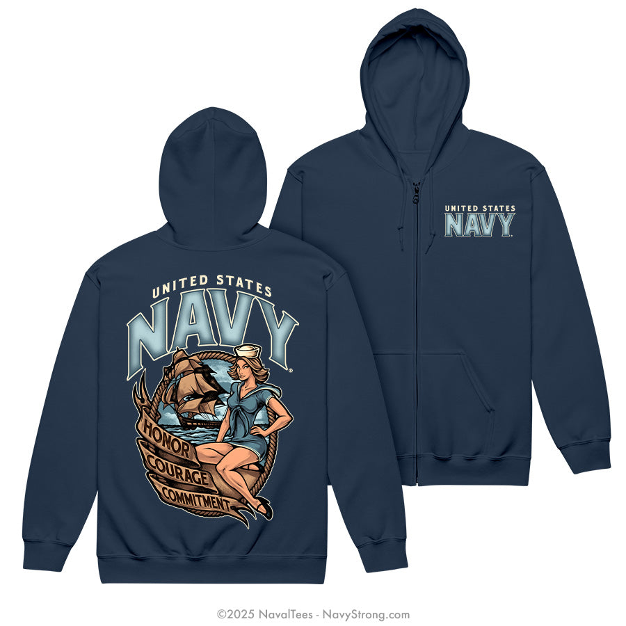 "USN Pinup" Zippered Hoodie | Navy